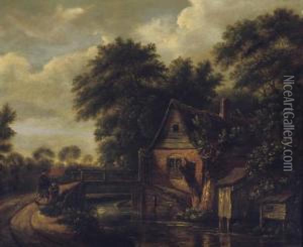 A Wooded River Landscape With Figures On A Track Near A Bridge And A Cottage Oil Painting - Cornelius Decker