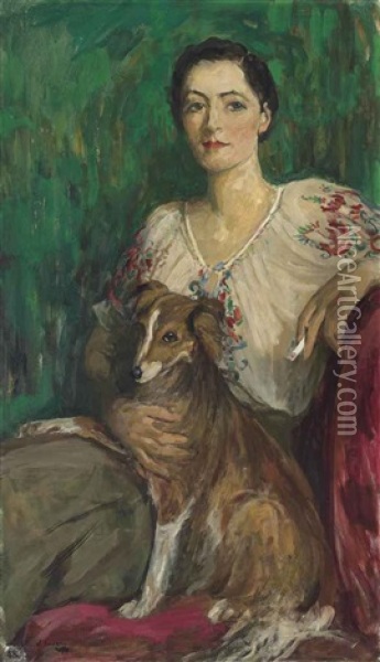 Miss Delphine Reynolds And Her Sheltie Oil Painting - John Lavery