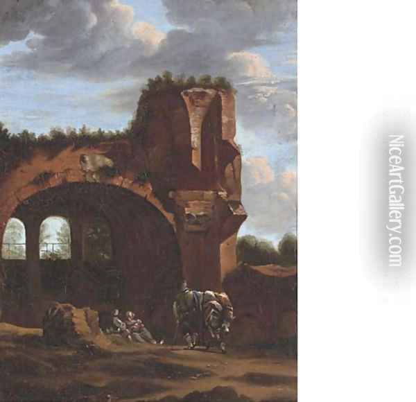 An Italianate landscape with travellers at rest by a classical arch Oil Painting - Jan Asselyn