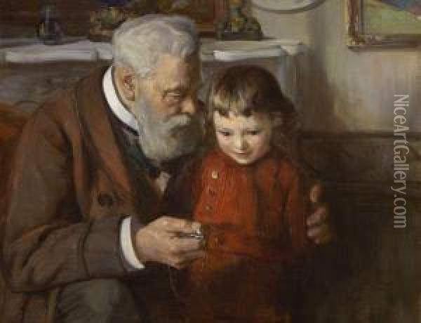 Grosvater Mit Enkel Im Salon Oil Painting - Frederic Pirion