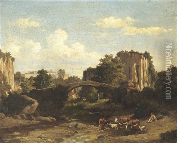 A Herder Resting In An Italianate Landscape Oil Painting - Felix-Hippolyte Lanoue