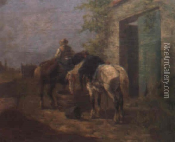 Campesino Con Caballos En El Establo Oil Painting - Leon Georges Calves