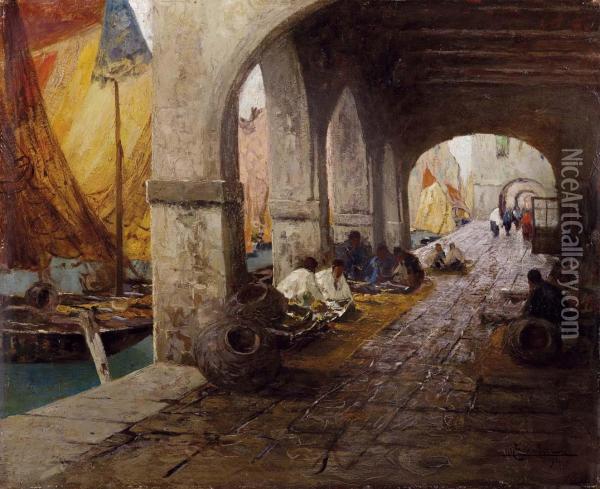 Mercato Del Pesce A Chioggia (portico Achioggia) Oil Painting - Ludovico Cavaleri