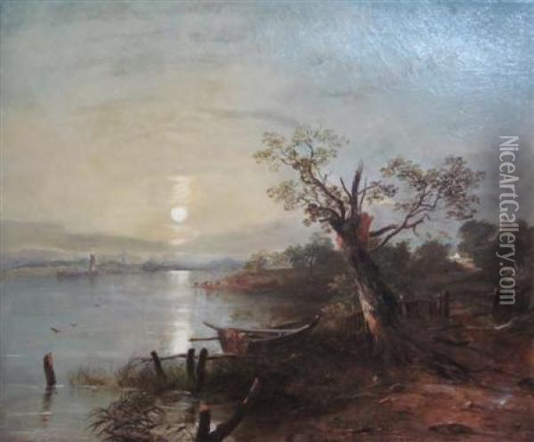 Rowing-boat By The Lochside, Moonlight Oil Painting - Horatio McCulloch