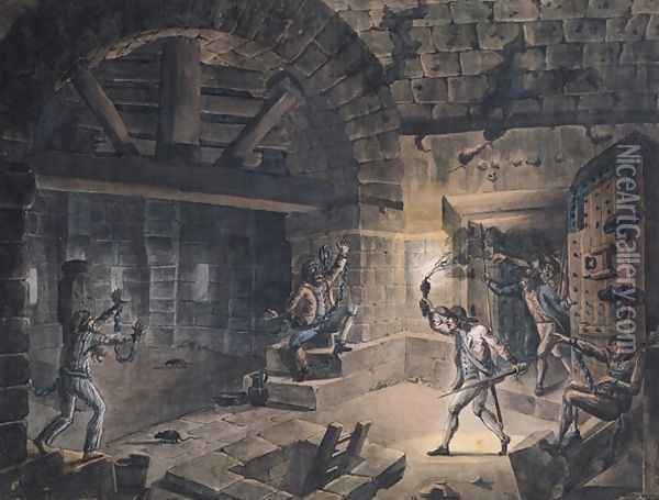View of a cell in the Bastille at the moment of releasing prisoners Oil Painting - Jean-Pierr Houel