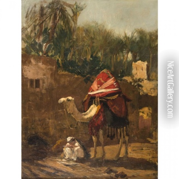 Camel And Merchant At A Town Gate Oil Painting - Frederick Arthur Bridgman