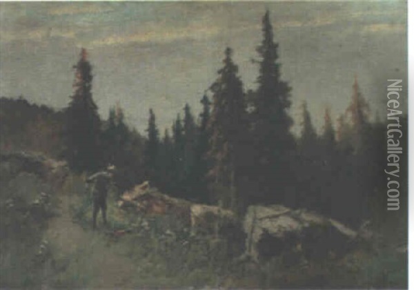 A Huntsman In A Wooded Landscape Oil Painting - Antal (Laszlo) Neogrady