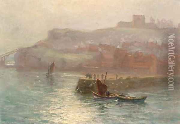 Fishing boats at the mouth of the harbour, Whitby Oil Painting - English School