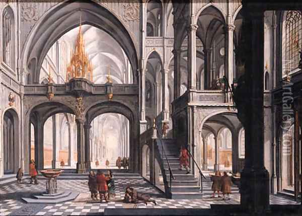 Worshippers in a Gothic church Oil Painting - Daniel de Blieck