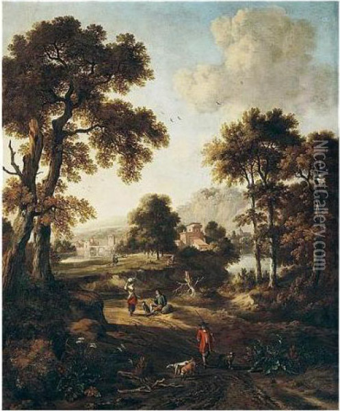 A Classical Landscape With Travellers On A Path In The Foreground Oil Painting - Jan Wijnants