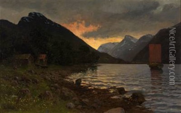 Solnedgang Over Fjordlandskap Oil Painting - Hans Dahl
