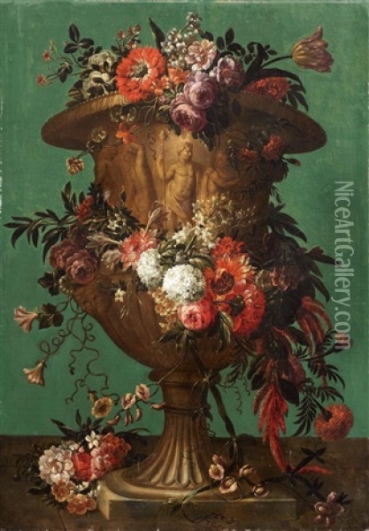 Blumenstillleben In Skulptierter Vase Oil Painting - Jacobus Melchior van Herck
