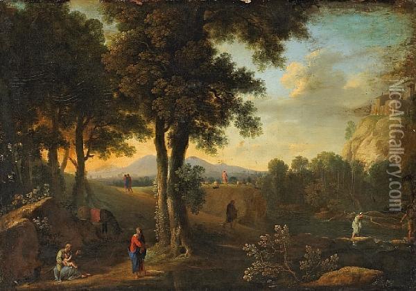The Holy Family In A Landscape Oil Painting - Herman Van Swanevelt