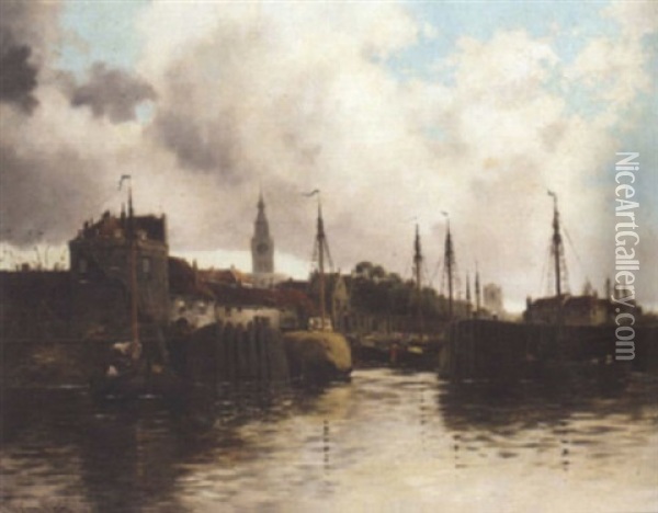 Hay Barges In Harbour Oil Painting - Louis van Staaten
