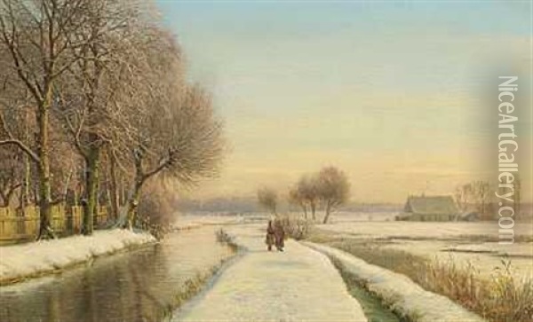 To Kvinder Ved En Flod I Et Vinterlandskab (ved Munchen?) Oil Painting - Anders Andersen-Lundby
