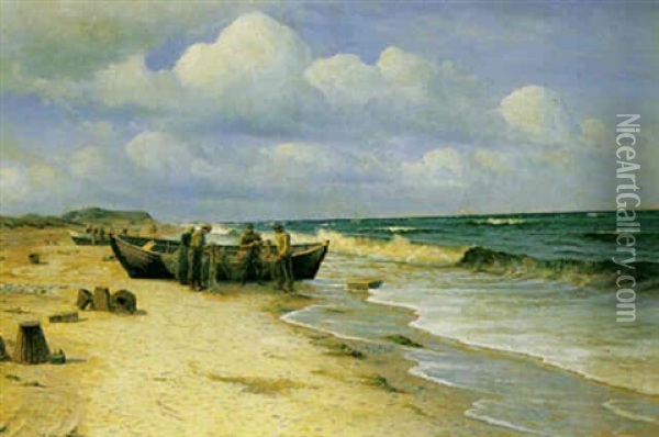 Fiskere Der Ordner Garn Pa Stranden Ved De Optrukne Bade Oil Painting - Holger Luebbers