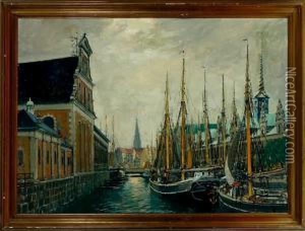 Canal Scenery From Holmen's Church In Copenhagen, Denmark Oil Painting - Christian Bogo