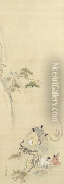 Courtiers Admiring A Waterfall, From Oil Painting - Ukita Ikkei