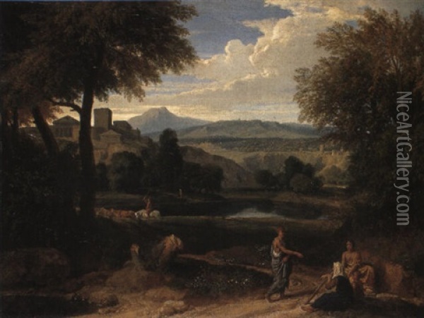 Classical Landscape With Roman Merchants On A Path Oil Painting - Jean Francois (Francisque) Millet the Younger