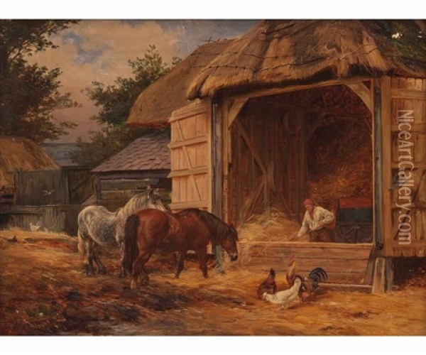 Farmyard Scene With Horses Oil Painting - William H. Hopkins