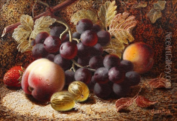Still Life Of Grapes, Gooseberries, A Peach And A Strawberry On A Mossy Bank (+ Another; Pair) Oil Painting - Oliver Clare