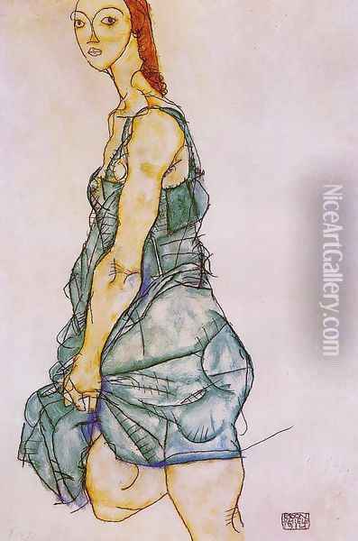 Standing Woman In A Green Skirt Oil Painting - Egon Schiele