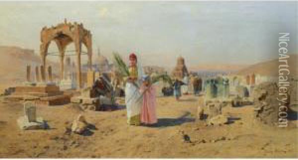 Figures Bearing Palm Leaves On The Outskirts Of Cairo Oil Painting - Franz Xavier Kosler