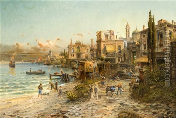 Suditalienische Kustenpartie Mit Dem Hafen Von Ortranto Oil Painting - Leonhard Paulus
