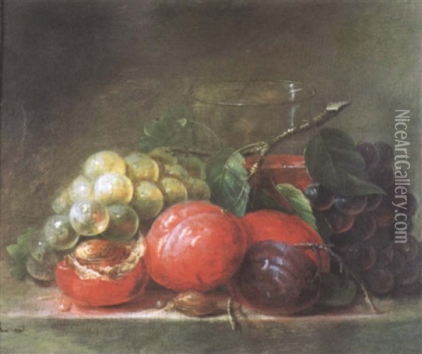 Nature Morte De Fruits: Raisins Noirs Et Blancs Et Fruits Sur Un Entablement Oil Painting - Jean Pierre Xavier Bidauld