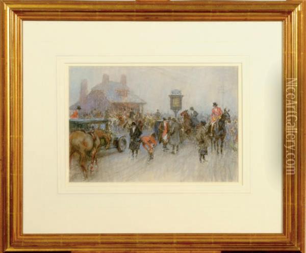 A Meet Outside Of A Pub Oil Painting - Gilbert Holiday