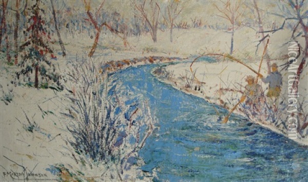 Peche En Riviere L'hiver Oil Painting - Francis Morton-Johnson