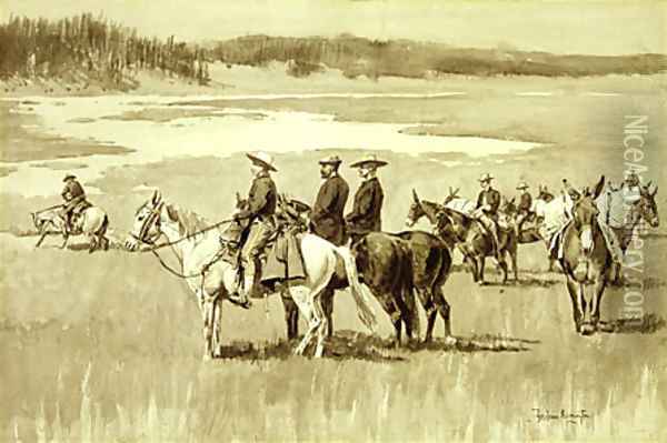 Burgess Finding a Ford (illustration from Frederic Remington's Pony Tracks 1895) Oil Painting - Frederic Remington