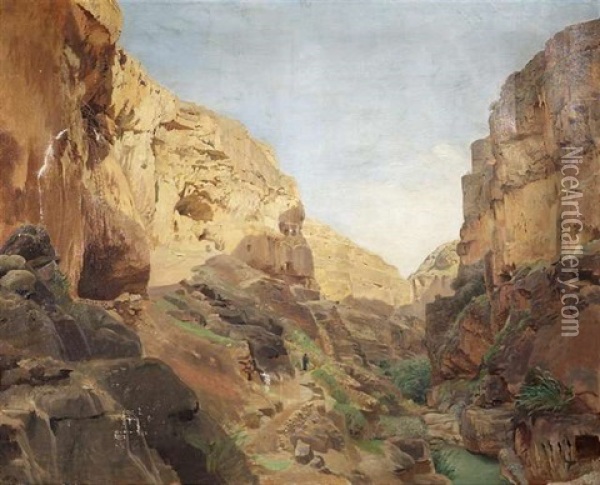 Blick In Das Flusstal Wadi Kelt (wadi Qilt), Das Durch Die Judaischen Berge Nach Jericho Hineinfuhrt Oil Painting - Gustav Bauernfeind