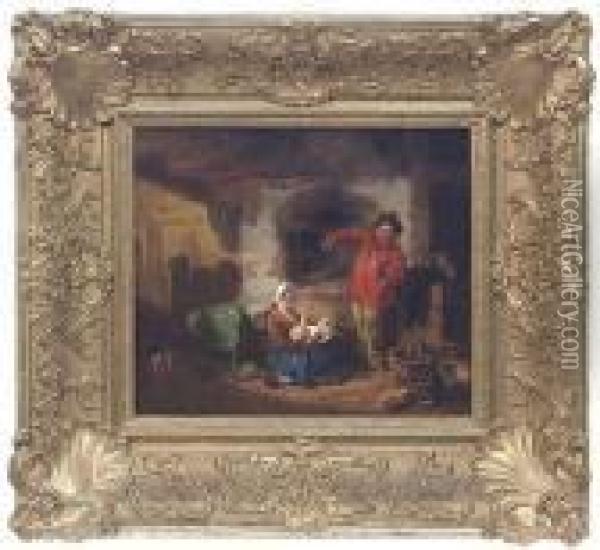 Peasantfamily In A Rustic Interior Oil Painting - August Von Pelzeln