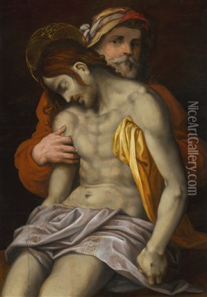 The Dead Christ Mourned By Saint Joseph Of Arimathea Oil Painting - Giovanni Antonio Lappoli