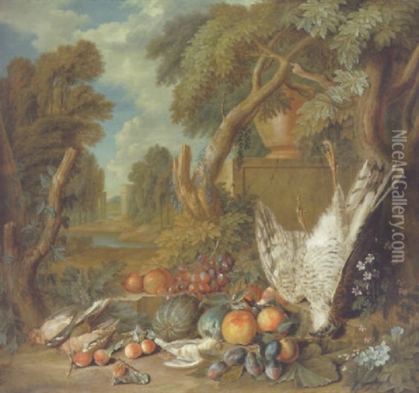 Fruit, Dead Songbirds And A Kestrel On A Forest Floor, A River Landscape With A Castle Beyond Oil Painting - Pieter Rysbraeck