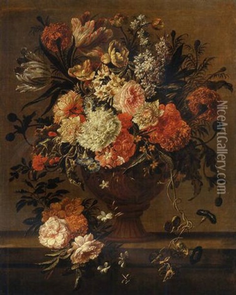 Tulips, Roses, Morning Glory And Other Flowers In A Sculpted Vase Oil Painting - Jan-Baptiste Bosschaert