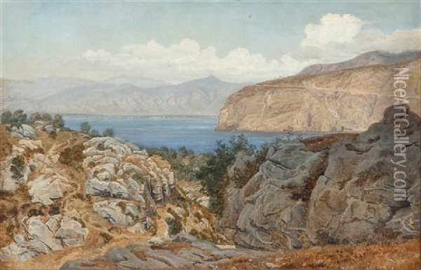 Rocky Coast, Presumably From Capri Or Sorrento Oil Painting - Janus la Cour