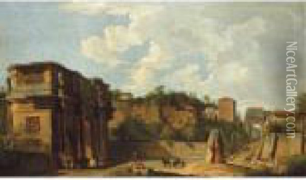 Rome, A View Of The East End Of 
The Palatine Hill, The Arch Of Constantine, And The Arch Of Titus Beyond Oil Painting - Giovanni Niccolo Servandoni