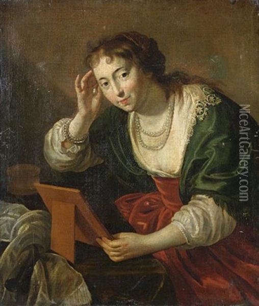 A Young Woman Looking In A Mirror Oil Painting - Paulus Moreelse