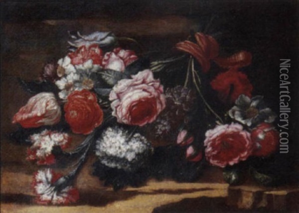 Roses, Tulips And Other Flowers Tied With A Pink Ribbon Oil Painting - Abraham Brueghel