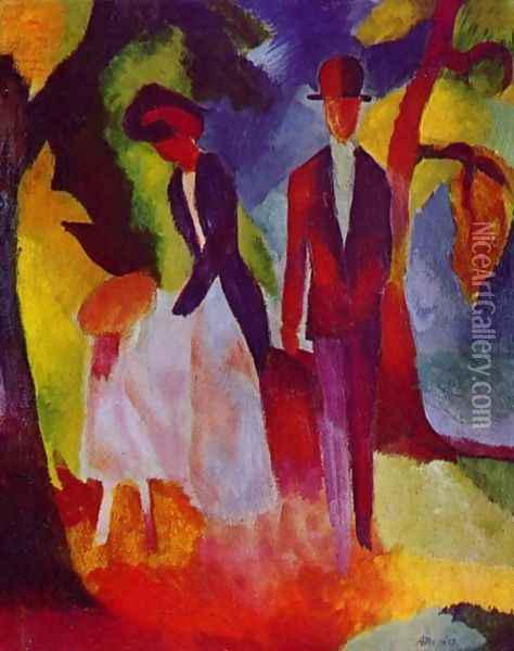 Family At The Blue Lake Oil Painting - August Macke