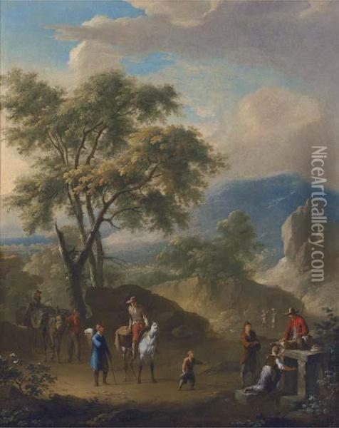 A Mountainous Landscape With Peasants Travelling On A Path Oil Painting - Franz Ferg