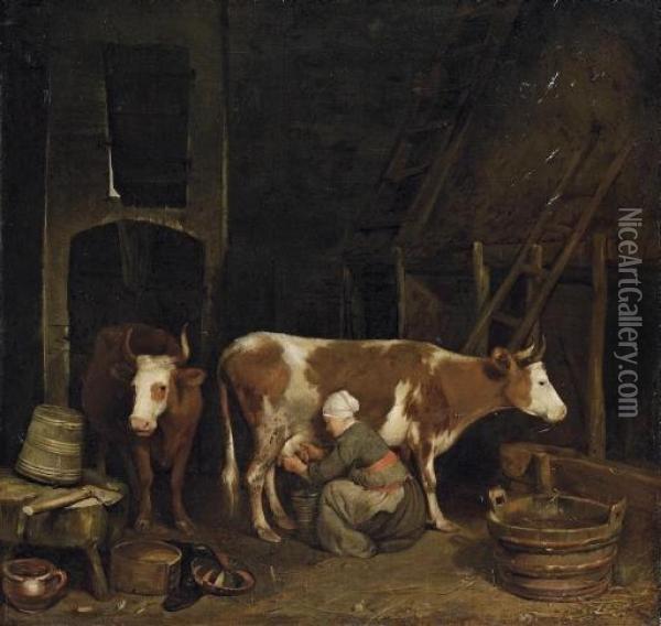 A Milkmaid Milking Cows In A Barn Oil Painting - Gerard Terborch