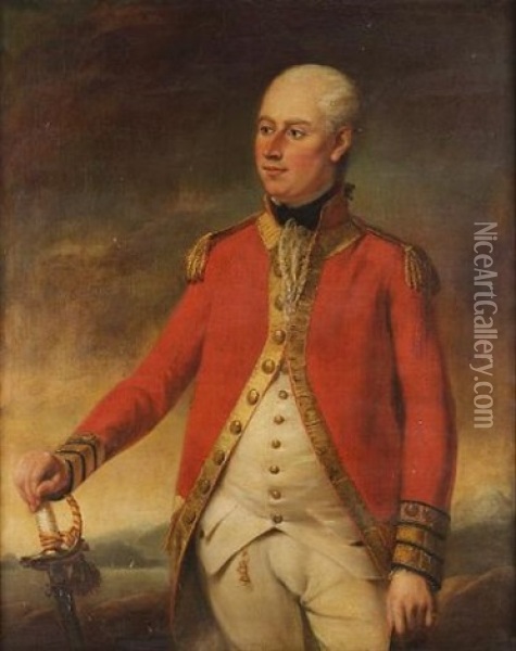 Portrait Of An Officer Of The Foot Guards, Standing Three-quarter-length, In A Scarlet Frock Coat, With His Hand Resting On The Hilt Of His Sword, A View To A Landscape Beyond Oil Painting - Tilly Kettle