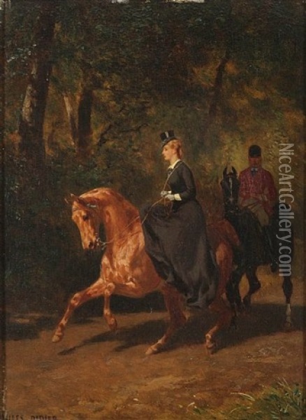 Couple On Horses In The Woods Oil Painting - Jules Didier