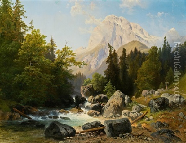 Gebirgslandschaft Mit Wildbach Oil Painting - Josef Holzer