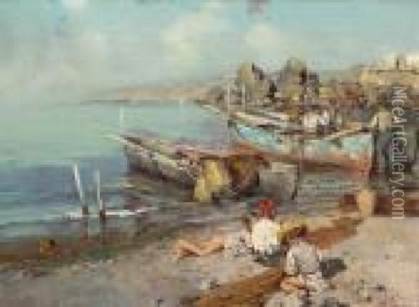 Bay Of Naples With Fishermen And Children On The Shore Oil Painting - Fausto Giusto