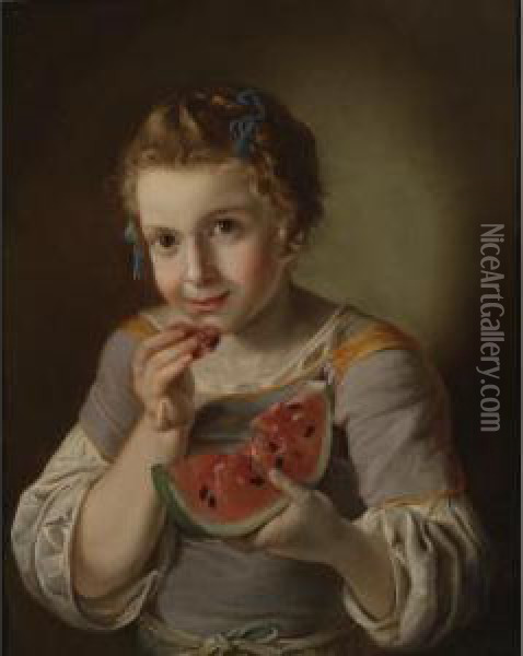 A Young Girl Eating Watermelon Oil Painting - Giacomo Ceruti (Il Pitocchetto)