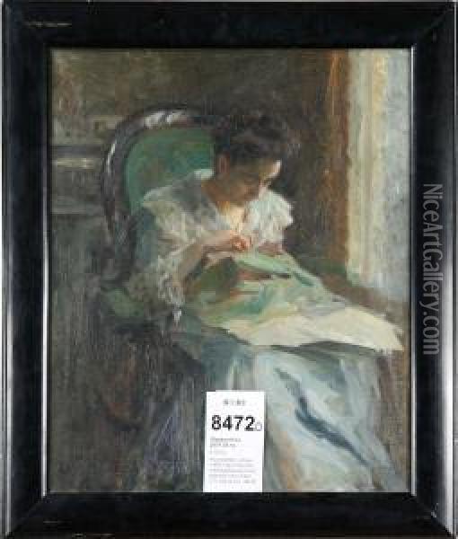 Vilhelm :tillskriven, Handarbetande Kvinna, Signerad Med Initialer V.h Oil Painting - Wilhelm Holmgren